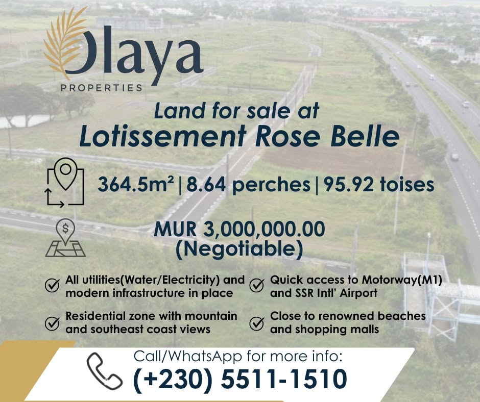 Land for sale at Lotissement Rose Belle — 364.5 m², 8.64 perches, MUR 3,000,000 negotiable
