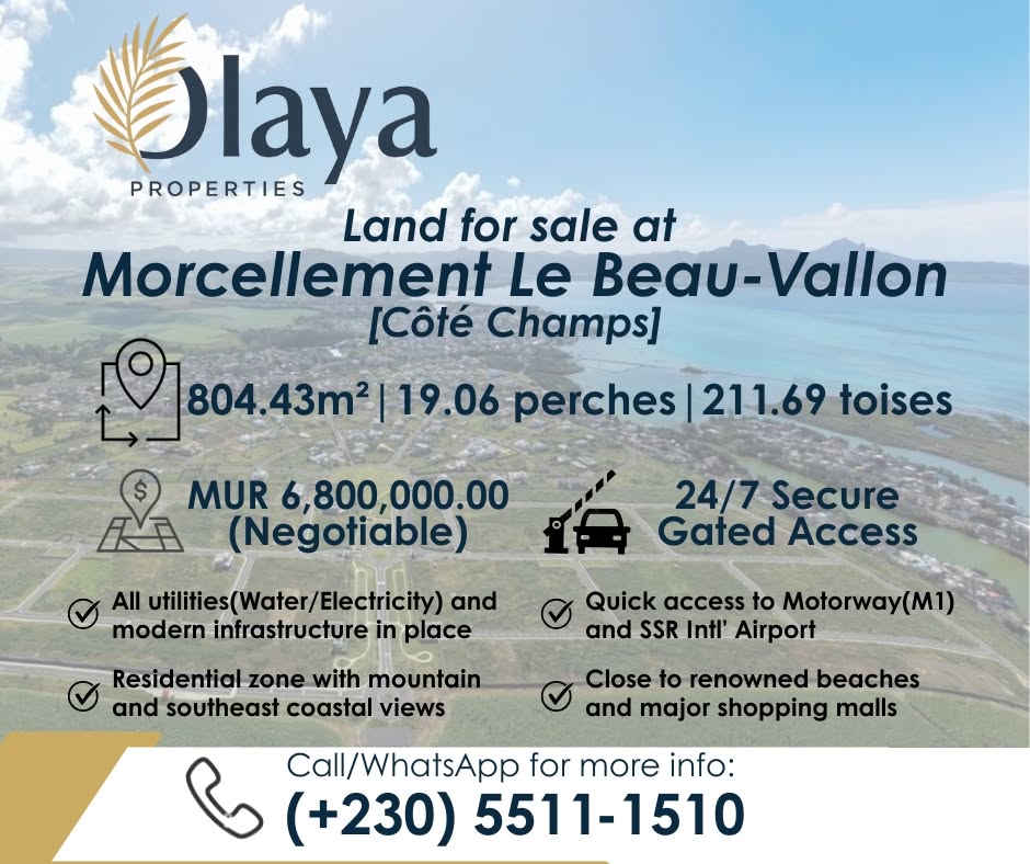 Land for sale at Morcellement Le Beau-Vallon, Côté Champs — 804.43 m², 19.06 perches, gated access